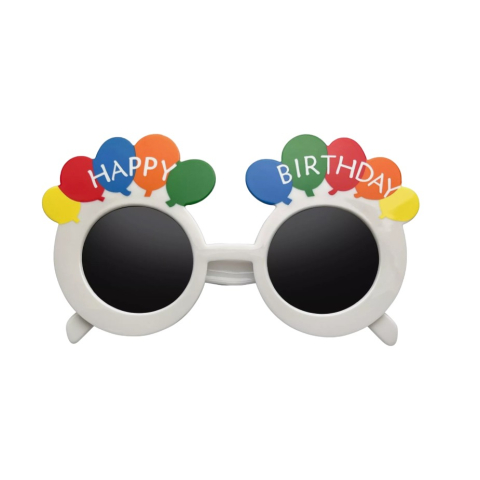 CASA & GRADINA - Ochelari aniversari albi 18.5 x 11.5 cm, model rotund Happy Birthday cu decor multicolor