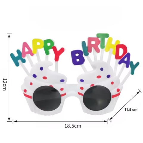 Ochelari aniversari albi 18.5 x 11.5 cm, model rotund Happy Birthday cu decor multicolor [1]