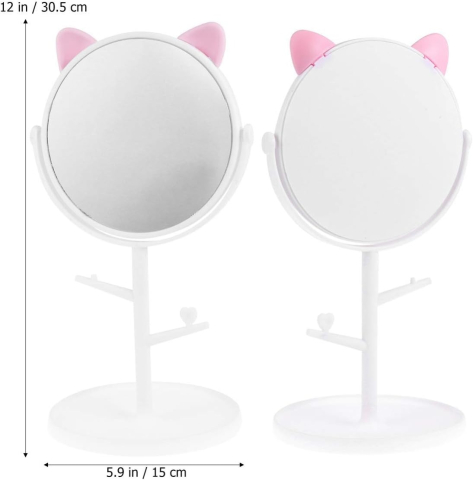 Oglinda cosmetica cu picior, alb roz, rotire 360°, suport bijuterii, model urechi, 15 cm diametru, 31 x 14.5 x 15 cm, plastic [6]