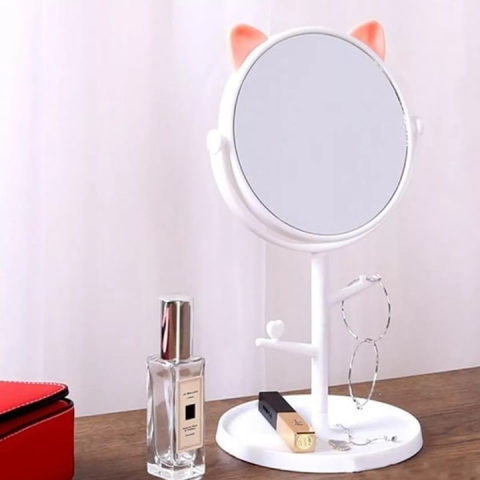 Oglinda cosmetica cu picior, alb roz, rotire 360°, suport bijuterii, model urechi, 15 cm diametru, 31 x 14.5 x 15 cm, plastic [3]