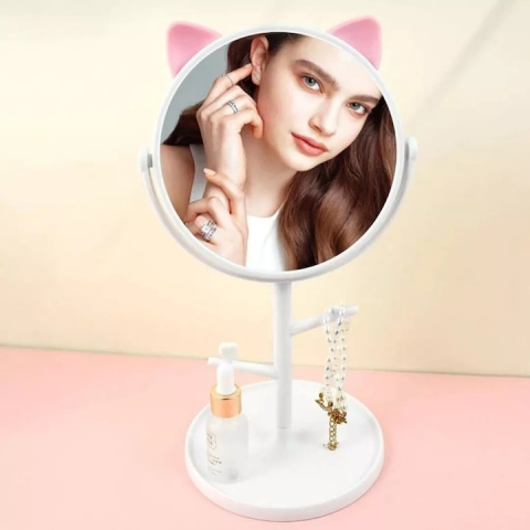 Oglinda cosmetica cu picior, alb roz, rotire 360°, suport bijuterii, model urechi, 15 cm diametru, 31 x 14.5 x 15 cm, plastic [1]