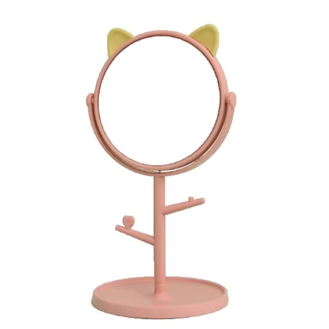 COSMETICE - Oglinda cosmetica cu picior, rotire 360°, baza cu suport bijuterii, model urechi, 15 cm diametru, 31 x 14.5 x 15 cm, roz galben