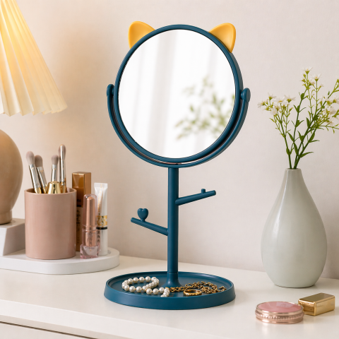 Oglinda cosmetica cu picior, verde portocaliu, rotire 360°, suport bijuterii, model urechi, 15 cm diametru, 31 x 14.5 x 15 cm, plastic [2]