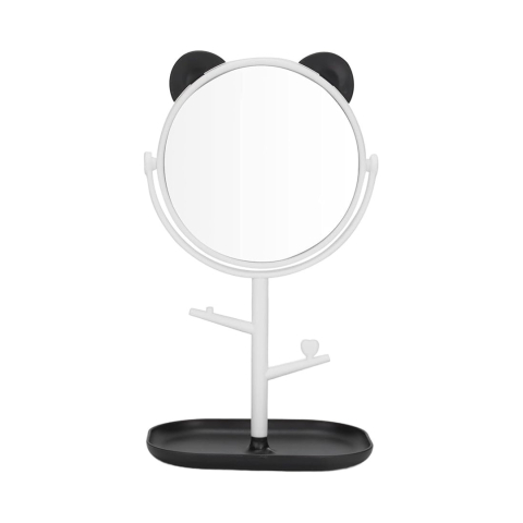 COSMETICE - Oglinda cosmetica, cu urechi, baza pentru bijuterii, diametru 15 cm, design rotativ 360°, plastic, 30 x 16.5 cm, alb/negru