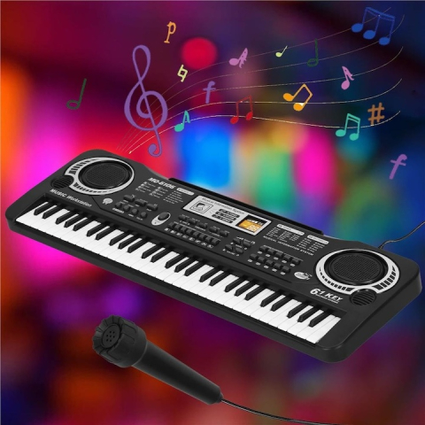 Orga electronica pentru copii, cu microfon, 61 de chei, modul de invatare, 16 tonuri, 10 ritmuri, functie de inregistrare, alimentare USB sau baterii, 54 x 17 x 5 cm, negru [12]