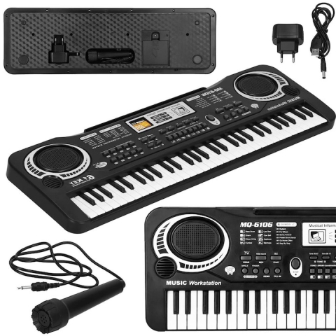 Orga electronica pentru copii, cu microfon, 61 de chei, modul de invatare, 16 tonuri, 10 ritmuri, functie de inregistrare, alimentare USB sau baterii, 54 x 17 x 5 cm, negru [3]