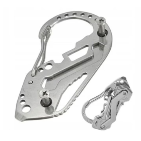 CASA & GRADINA - Organizator chei multifunctional din otel cu carabina si desfacator sticle, compact 9 cm, argintiu