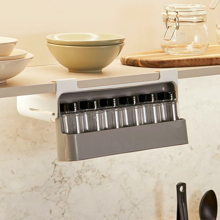 Organizator condimente alb-gri 32 cm cu 6 recipiente transparente, suport suspendat sub raft [1]
