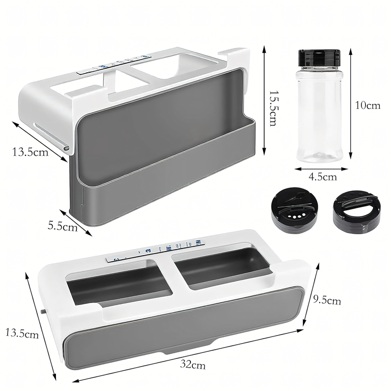 Organizator condimente alb-gri 32 cm cu 6 recipiente transparente, suport suspendat sub raft [4]