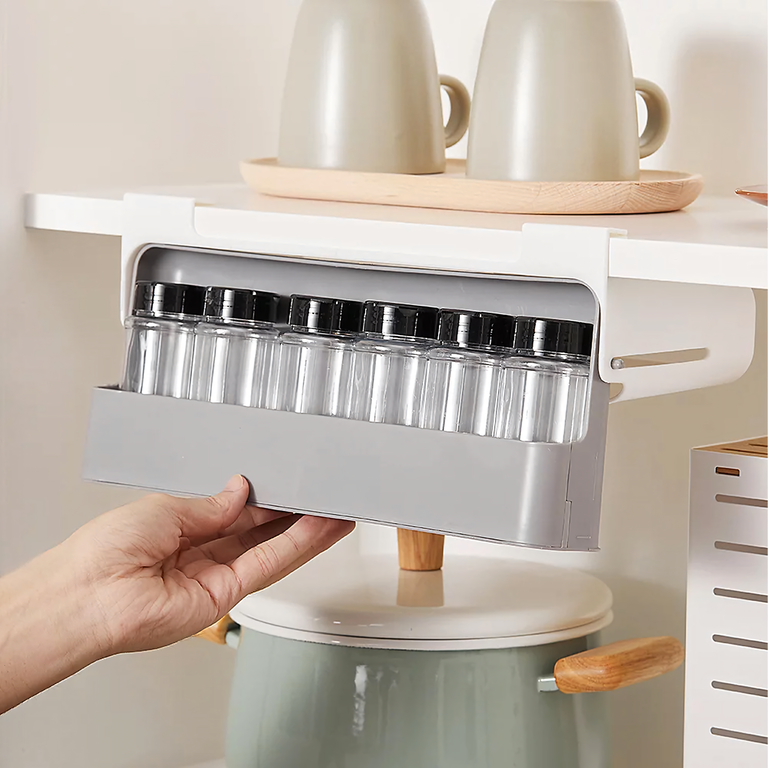 Organizator condimente alb-gri 32 cm cu 6 recipiente transparente, suport suspendat sub raft [3]