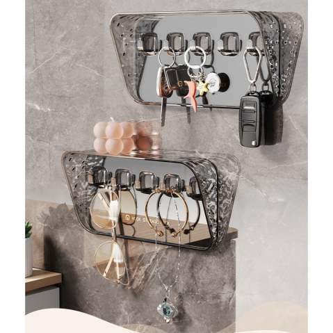 Organizator de perete cu raft si 5 carlige, 20,3 x 10,3 x 4,6 cm, montare autoadeziva, pentru chei, bijuterii si accesorii, aspect fumuriu transparent [4]