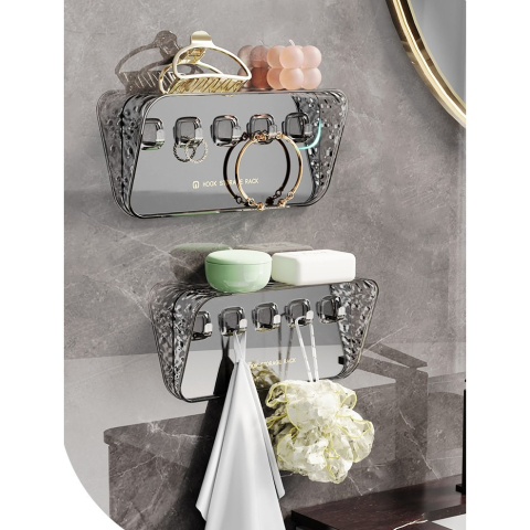 Organizator de perete cu raft si 5 carlige, 20,3 x 10,3 x 4,6 cm, montare autoadeziva, pentru chei, bijuterii si accesorii, aspect fumuriu transparent [3]