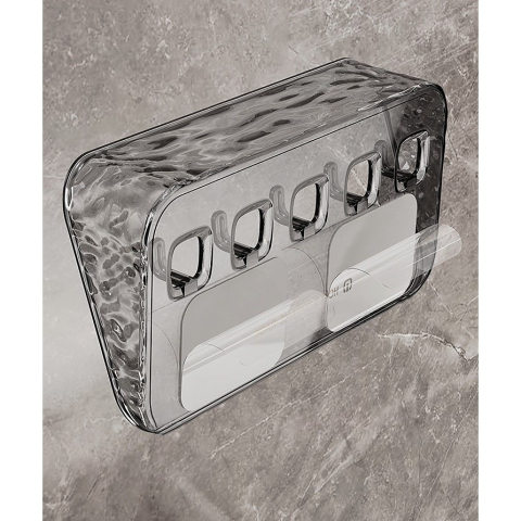 Organizator de perete cu raft si 5 carlige, 20,3 x 10,3 x 4,6 cm, montare autoadeziva, pentru chei, bijuterii si accesorii, aspect fumuriu transparent [1]
