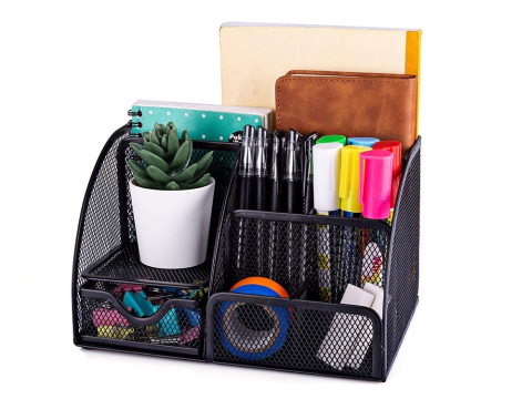 Organizator pentru birou, metalic, 7 compartimente, 22 x 14 x 12.7 cm, negru [5]