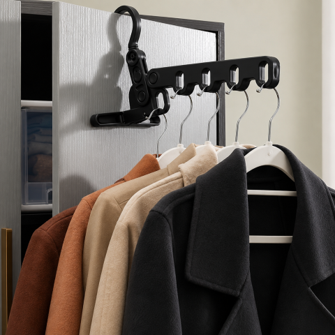 Organizator pliabil pentru umerase cu 5 pozitii, suport haine cu rotire 360°, accesoriu portabil pentru garderoba, negru [4]