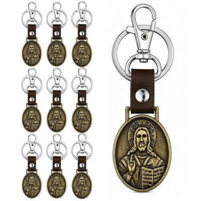 CASA & GRADINA - Pachet 10 brelocuri bronz antichizat 9,1 cm cu Iisus Hristos pe o fata si Maica Domnului cu Iisus Hristos pe cealalta fata, pandantiv 2,7 x 2,7 cm, carabina 3,6 cm, inel 3 cm