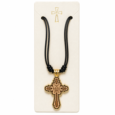 Pachet 10 coliere auriu-crem 42 cm x 2 cu cruciulita 4,4 x 2,7 cm, Muntele Athos si Isus pe lemn, snur textil negru reglabil, cadou crestin [3]