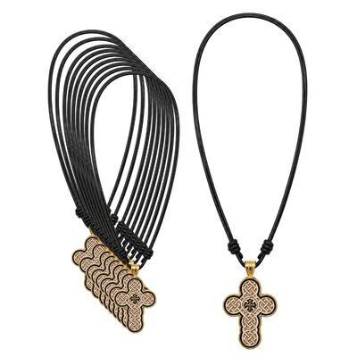 Pachet 10 coliere crestine auriu-crem 42 cm cu cruce 3,9 x 2,4 cm din lemn si metal auriu, 2 fete, IC XC, Muntele Athos, snur reglabil