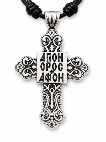 Pachet 10 coliere maro-argintii 42,5 cm x 2 cu cruce 4,3 x 2,7 cm, pandantiv 2 fete Iisus Hristos, IC XC NI KA si AGION OROS Muntele Athos [6]