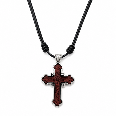 Pachet 10 coliere maro-argintii 42,5 cm x 2 cu cruce 4,3 x 2,7 cm, pandantiv 2 fete Iisus Hristos, IC XC NI KA si AGION OROS Muntele Athos [3]