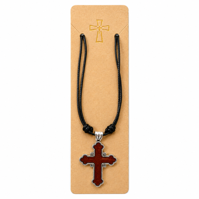 Pachet 10 coliere maro-argintii 42,5 cm x 2 cu cruce 4,3 x 2,7 cm, pandantiv 2 fete Iisus Hristos, IC XC NI KA si AGION OROS Muntele Athos [1]