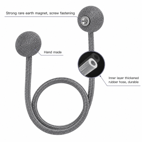Pachet 2 accesorii magnetice pentru perdele, snur textil impletit, 44 cm, gri antracit [3]