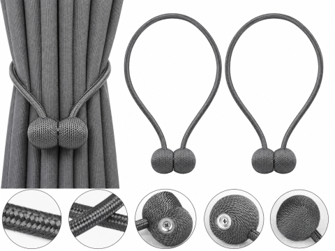 Pachet 2 accesorii magnetice pentru perdele, snur textil impletit, 44 cm, gri antracit [2]