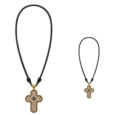 CADOURI - Pachet 2 coliere auriu-crem 42 cm cu cruce 3,9 x 2,4 cm din lemn incastrata in metal auriu, Muntele Athos, snur negru reglabil, 2 fete