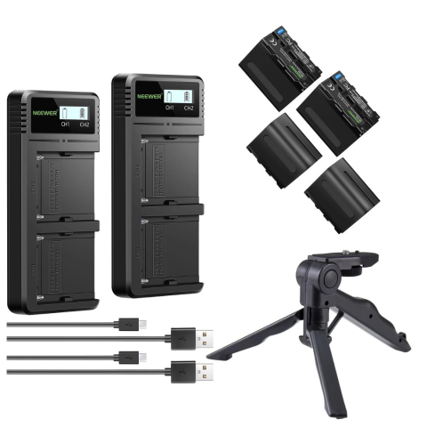 ECHIPAMENTE FOTO - Pachet 2 incarcatoare rapide dual NEEWER USB-C cu 4 baterii NP-F970 6600mAh, compatibil Sony NP-F550 NP-F570 NP-F750 NP-F970 si mini trepied inclus