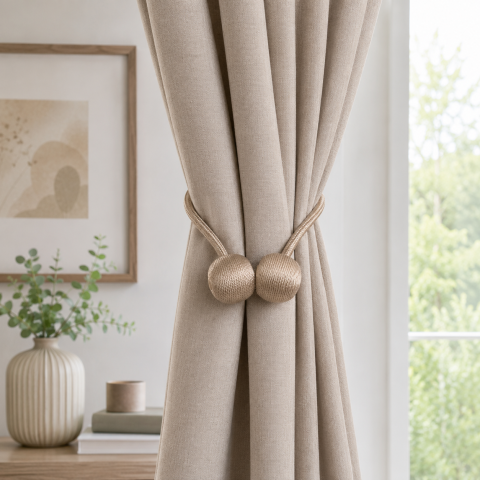Pachet 2 prinderi magnetice pentru perdele si draperii, snur textil impletit, 44 cm, bej antichizat [2]