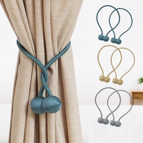 Pachet 2 suporturi magnetice pentru perdele, snur impletit decorativ, 44 cm, verde petrol, fara montaj [2]