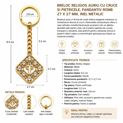 Pachet 4 brelocuri aurii 9,3 cm cu pietre artificiale si cruce, romb 2,7 x 2,7 cm, lant 3,2 cm, inel 2,8 cm, port chei si marturii botez [2]