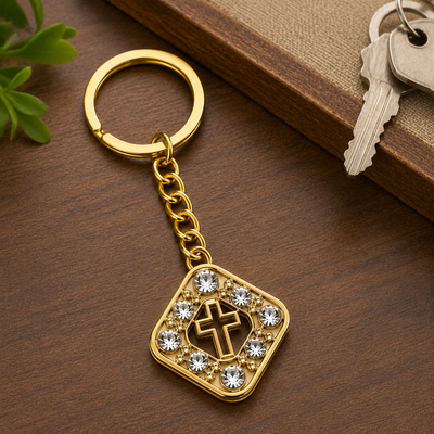 Pachet 4 brelocuri aurii 9,3 cm cu pietre artificiale si cruce, romb 2,7 x 2,7 cm, lant 3,2 cm, inel 2,8 cm, port chei si marturii botez [4]