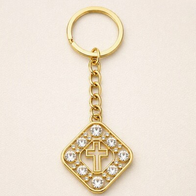 Pachet 4 brelocuri aurii 9,3 cm cu pietre artificiale si cruce, romb 2,7 x 2,7 cm, lant 3,2 cm, inel 2,8 cm, port chei si marturii botez [3]
