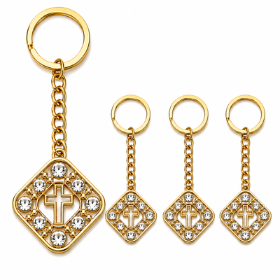 Breloc - Pachet 4 brelocuri aurii 9,3 cm cu pietre artificiale si cruce, romb 2,7 x 2,7 cm, lant 3,2 cm, inel 2,8 cm, port chei si marturii botez