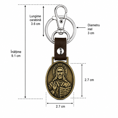 Pachet 4 brelocuri bronz antichizat 9,1 cm cu Iisus Hristos pe fata si Maica Domnului cu Iisus Hristos pe cealalta fata, pandantiv 2,7 x 2,7 cm, carabina 3,6 cm, inel 3 cm [1]
