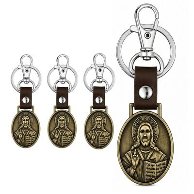 CASA & GRADINA - Pachet 4 brelocuri bronz antichizat 9,1 cm cu Iisus Hristos pe fata si Maica Domnului cu Iisus Hristos pe cealalta fata, pandantiv 2,7 x 2,7 cm, carabina 3,6 cm, inel 3 cm