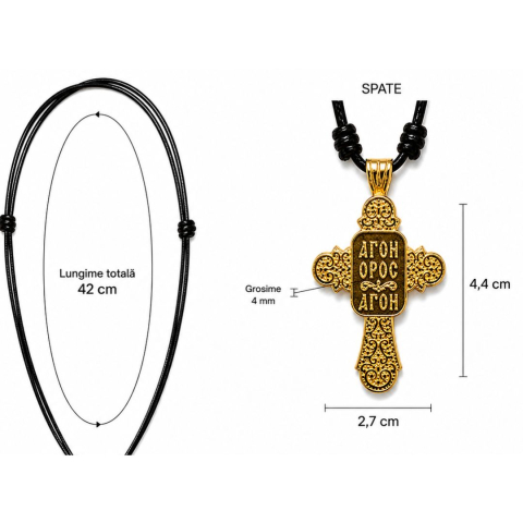 Pachet 4 coliere auriu-crem 42 cm x 2 cu cruciulita 4,4 x 2,7 cm, Muntele Athos si Isus gravat, insertie lemn, intarsii aurii, snur negru reglabil [1]