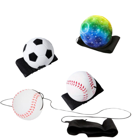 JOCURI ȘI JUCĂRII - Pachet 4 mingi antistres cu bratara pentru incheietura, 2 model baseball alb-rosu, fotbal alb-negru si Space Moon Ball verde multicolor
