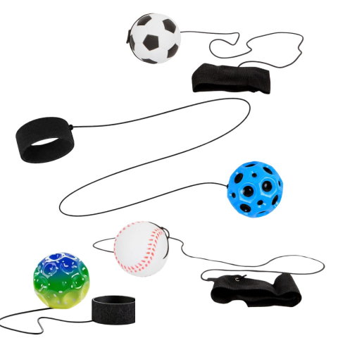 JOCURI ȘI JUCĂRII - Pachet 4 mingi cu bratara pentru mana, fotbal alb-negru, baseball alb-rosu, Space Moon Ball albastra si verde multicolor, 66 mm, joc activ pentru reflexe si coordonare