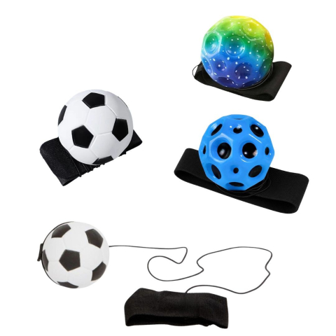 JOCURI ȘI JUCĂRII - Pachet 4 mingi cu revenire automata pentru coordonare si reflexe, 2 model fotbal alb-negru, 1 Space Moon Ball albastra si 1 verde multicolor