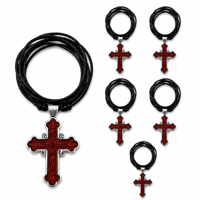Pachet 6 coliere maro-argintii 42,5 cm x 2 cu cruce 4,3 x 2,7 cm, 2 fete Iisus Hristos si Muntele Athos, IC XC NI KA, snur negru reglabil