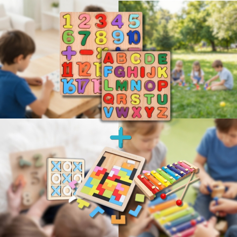 Pachet activitati extra educative din lemn pentru copii, tabla alfabet, tabla numere si operatii, joc X si 0, puzzle Tetris si xilofon [1]