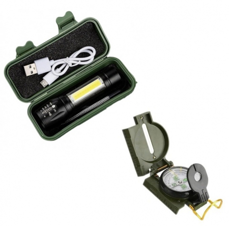 Camping - Pachet camping,mini lanterna incarcare usb cu trusa depozitate + busola cu clema de fixare