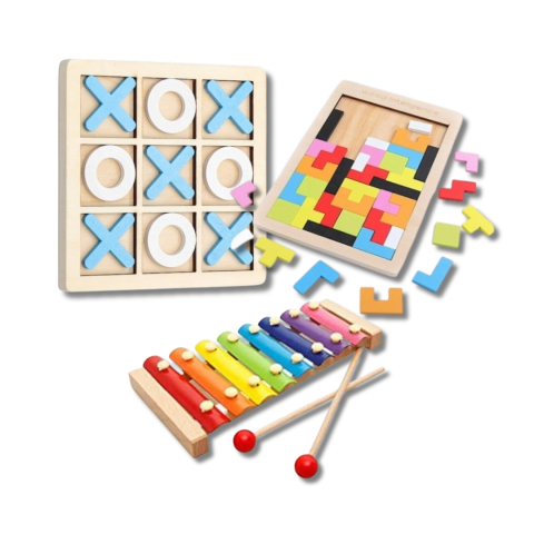 Alte jucării - Pachet educativ din lemn pentru copii – xilofon, joc X si 0 si puzzle Tetris
