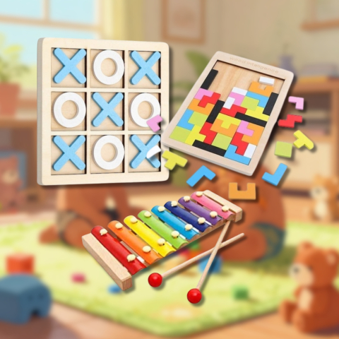 Pachet educativ din lemn pentru copii – xilofon, joc X si 0 si puzzle Tetris [1]