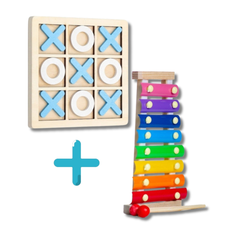 Alte jucării - Pachet educativ din lemn pentru copii – xilofon si joc X si 0