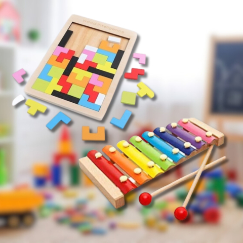 Pachet educativ din lemn pentru copii – xilofon si puzzle Tetris [1]