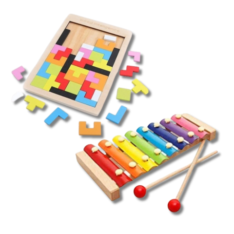 Jucarii de precizie - Pachet educativ din lemn pentru copii – xilofon si puzzle Tetris
