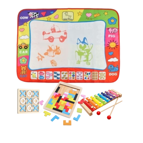 Jucarii de precizie - Pachet educativ pentru copii – covoras de desen cu apa, puzzle Tetris, joc X si 0 si xilofon colorat